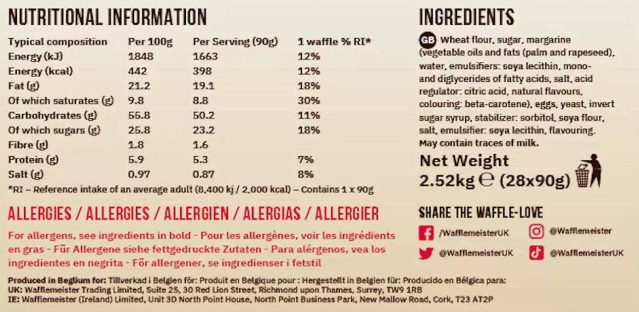 Wafflemeister Belgian Sugar Pearls Waffles Snack Packets 28x90g - Pack of 2.52kg