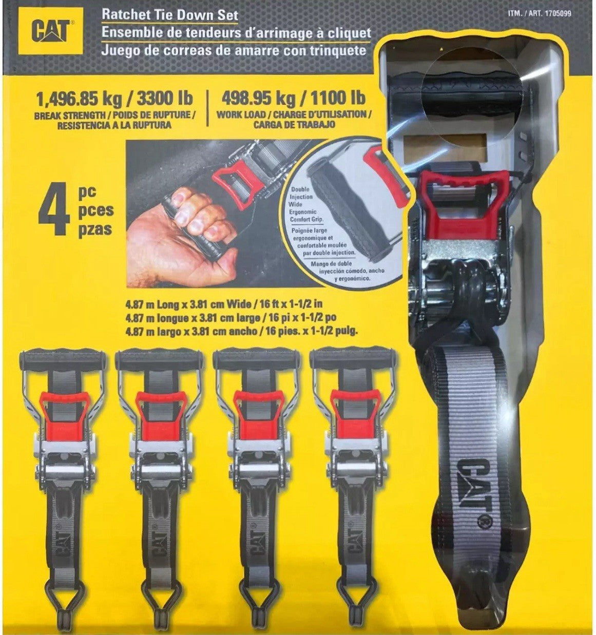 CAT Heavy Duty Ratchet Caterpillar Tie Down Strap Handle 4 Pcs Set 3.8 x 487.6cm