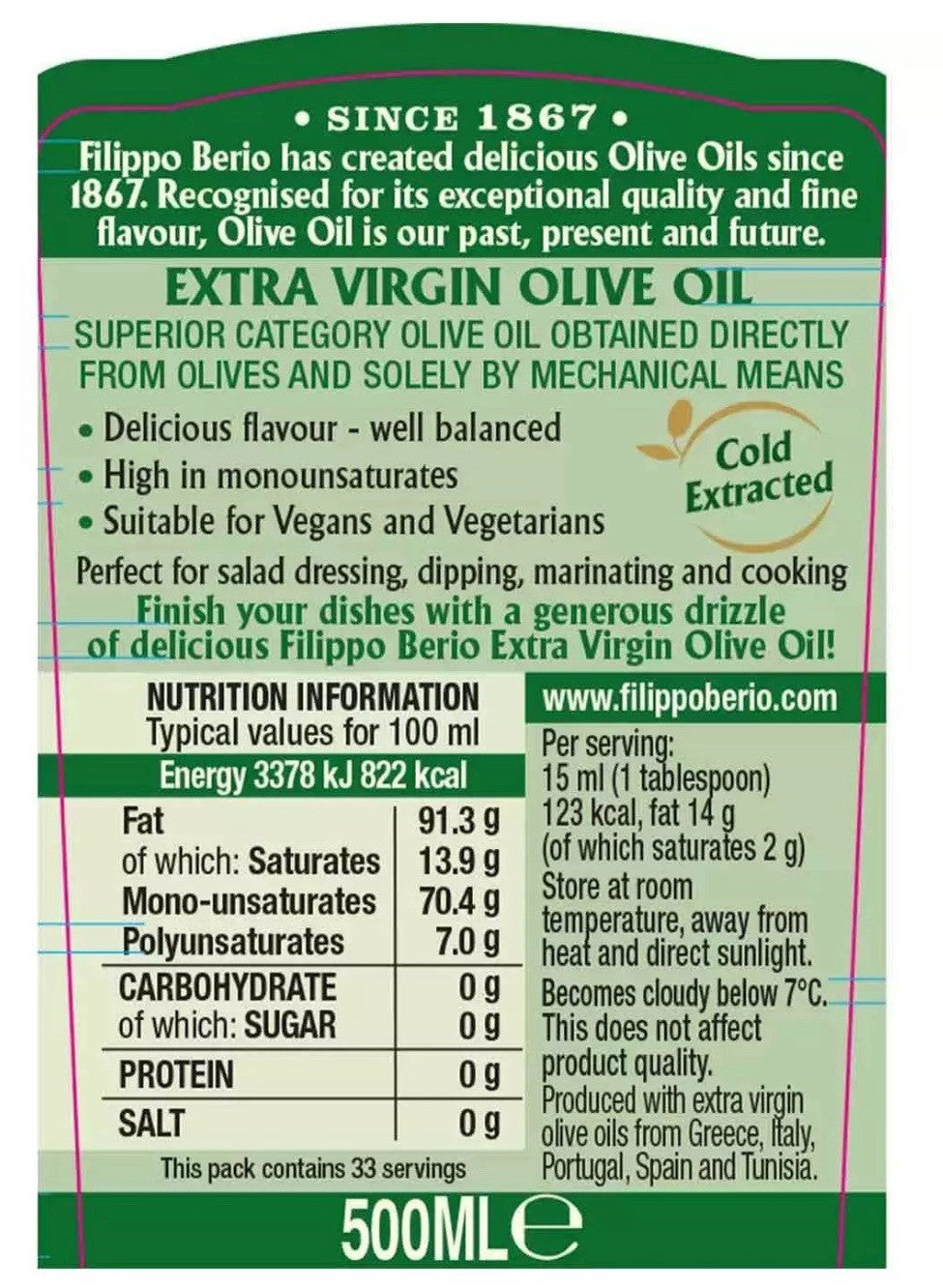 Filippo Berio Extra Virgin Olive Oil 100%Pure Flavour Dressing Bottles 6 x 500ml