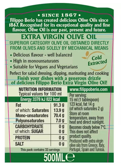 Filippo Berio Extra Virgin Olive Oil 100%Pure Flavour Dressing Bottles 6 x 500ml