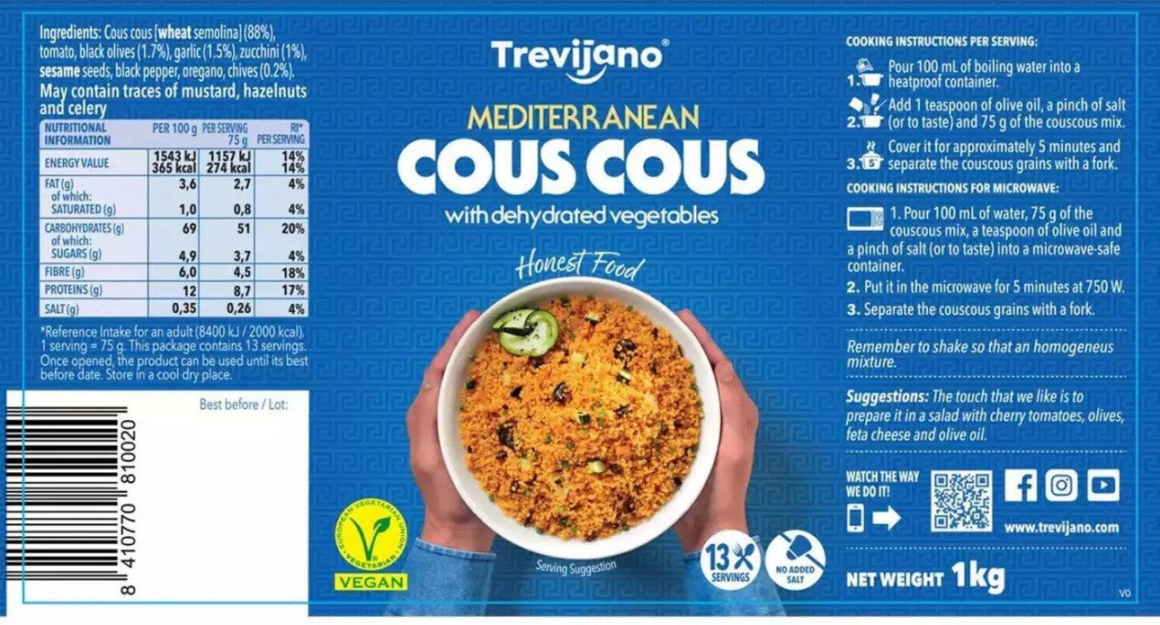 Trevijano Mediterranean Cous Cous with Vegetables Spiced Flavour Vegan Pack 1kg