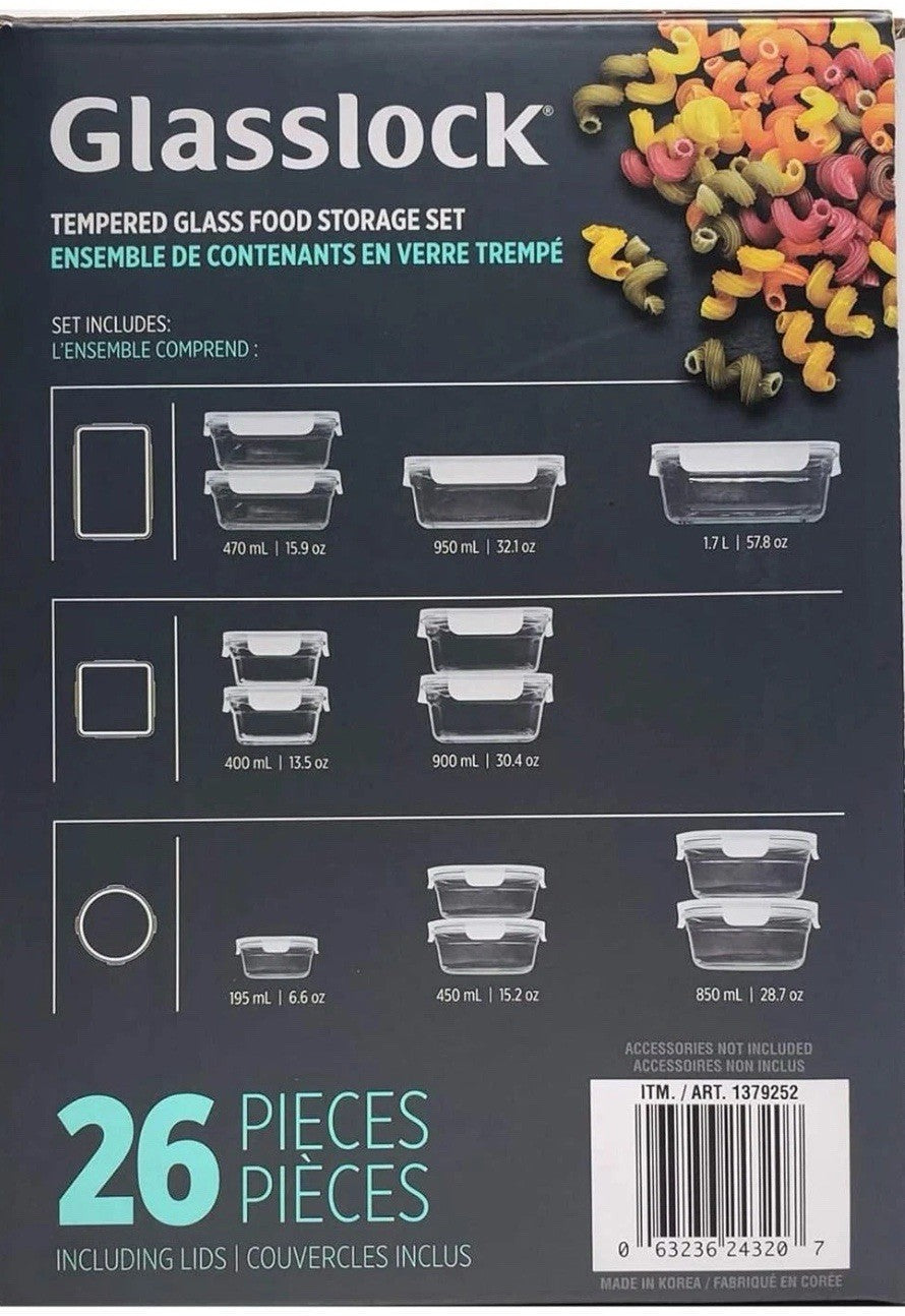 Glasslock Premium Food Storage Boxes Safe Tempered Glass + Lids Set Pack 26 Pcs