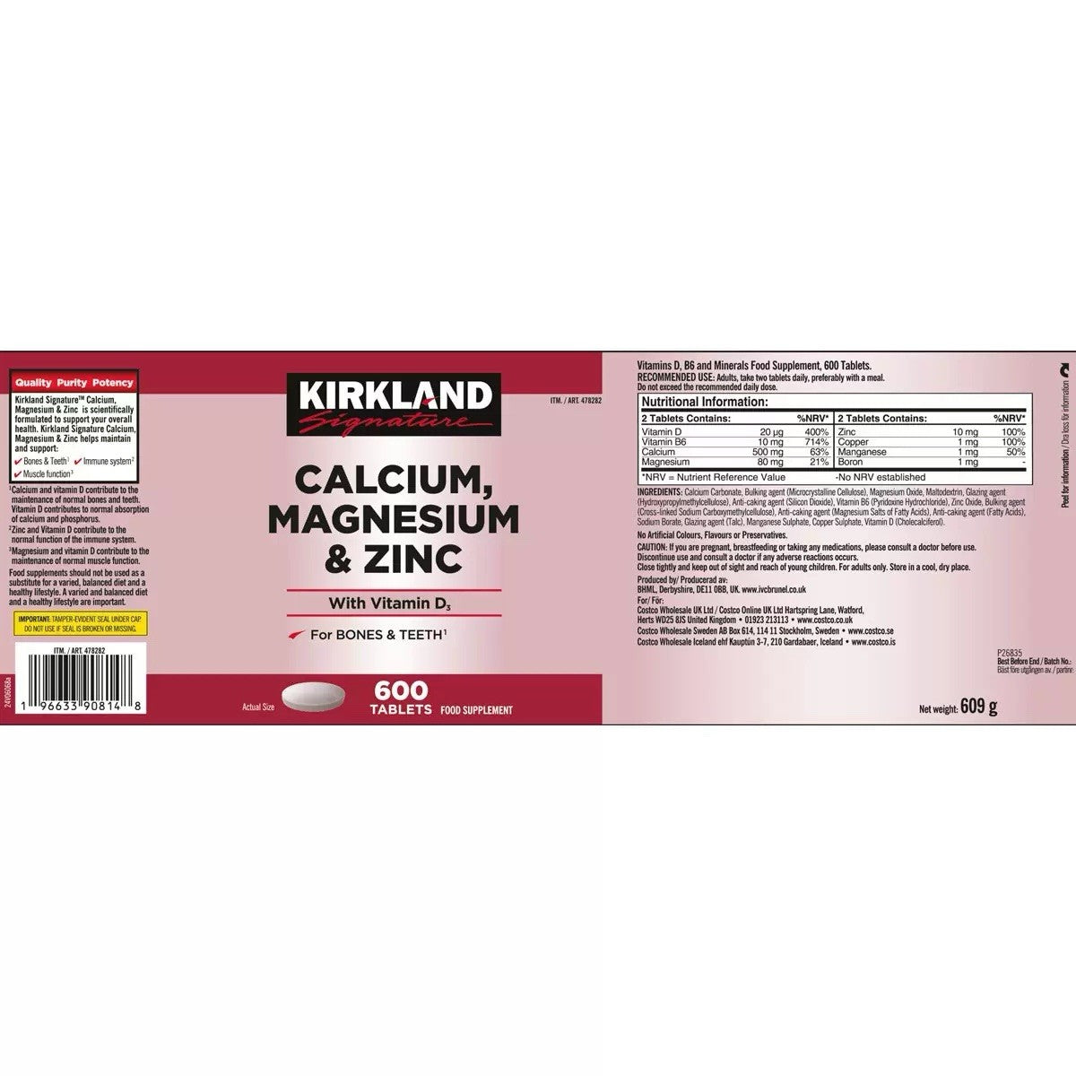 Kirkland Signature Calcium Citrate, Magnesium & Zinc + Vitamin D3, 600 Tablets