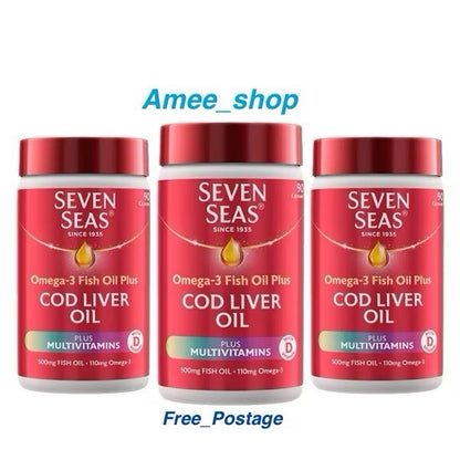 3 x Tubs Seven Seas Cod Liver Oil Omega 3 + Multivitamins 90 Capsules Per Tub