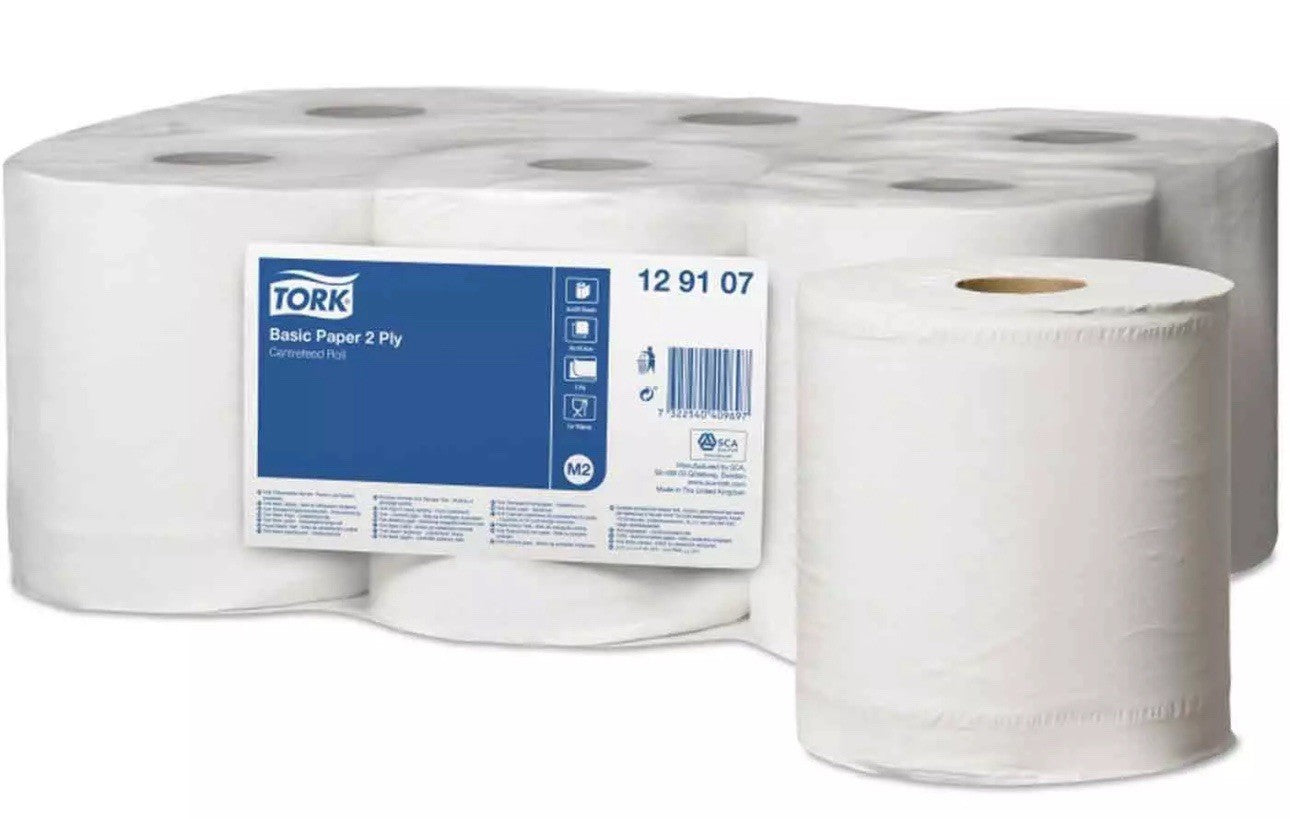 Tork M2 Centre Feed White Wiping Basic Paper Towel Roll Centrefeed Pack 6 x 150m