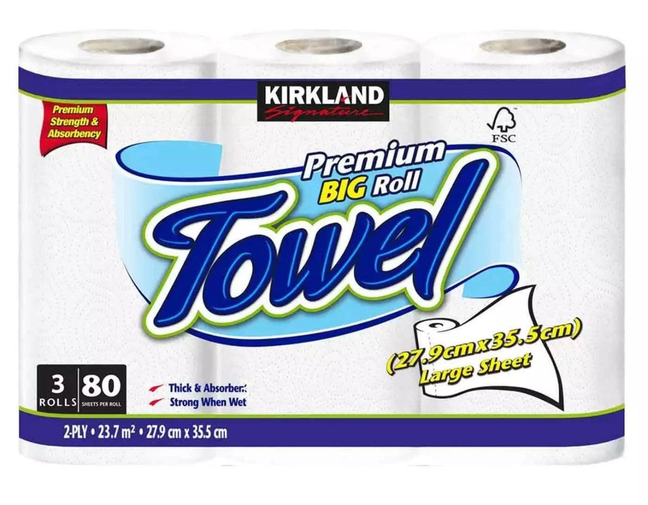 Kirkland Signature Kitchen Towel Thick Absorbent 80 Large Sheets - Pack 12 Rolls