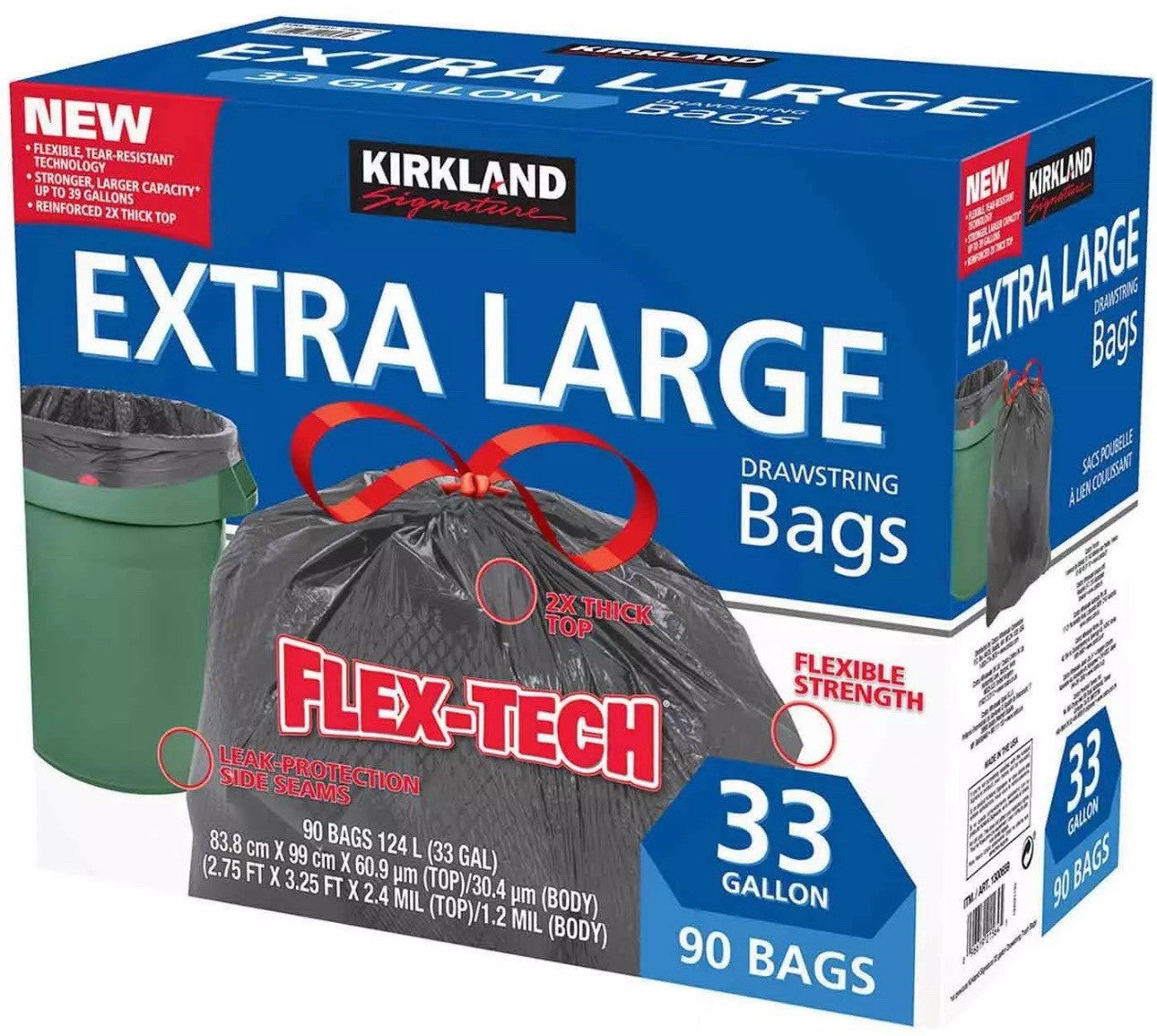 KIRKLAND SIGNATURE FLEX-TECH DRAWSTRING KITCHEN XL TRASH RUBBISH BIN 90 BAGS NEW