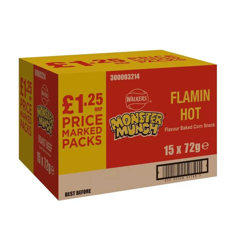 MONSTER MUNCH CRISPS SHARE BAGS FULL CASE OF 15 FLAMING HOT SWEET SPICY FLAVOUR