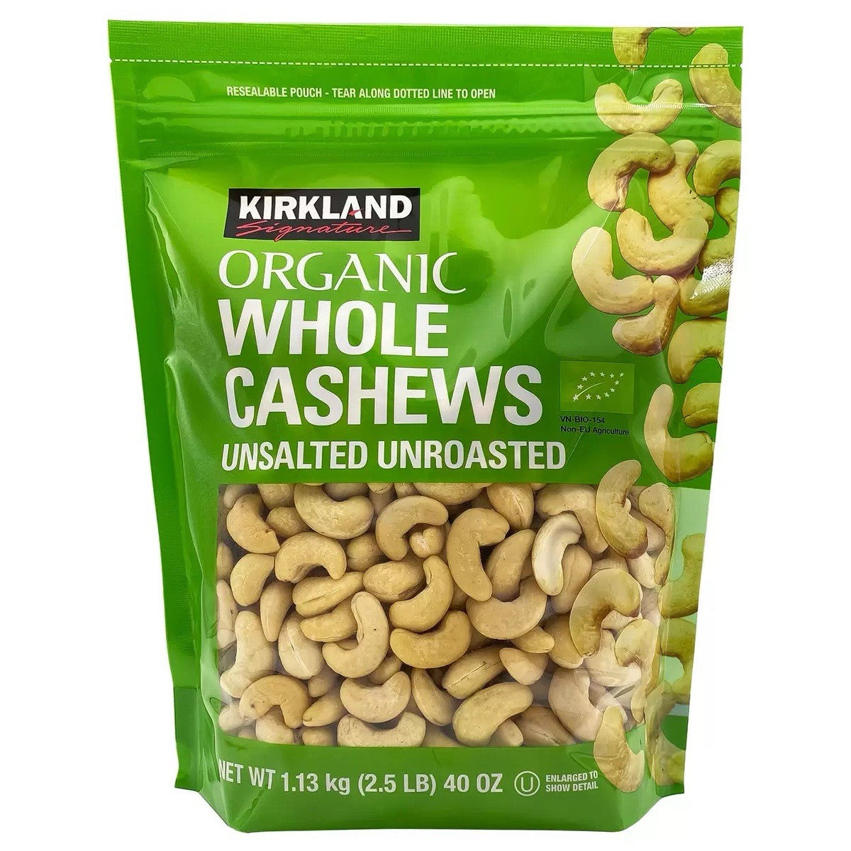 Kirkland Signature Organic Whole Cashews, Unsalted, Unroasted 1.13kg ,2 Pack