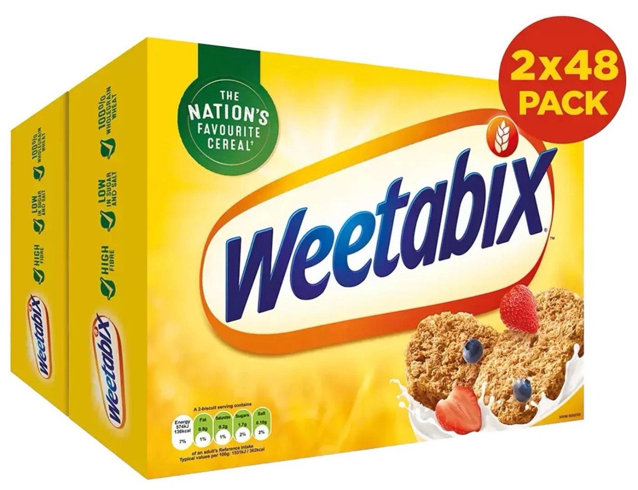 Weetabix Pack of 2 x 48 Wholegrain Wheat Vegans Vegetarians High Fibre Low Sugar