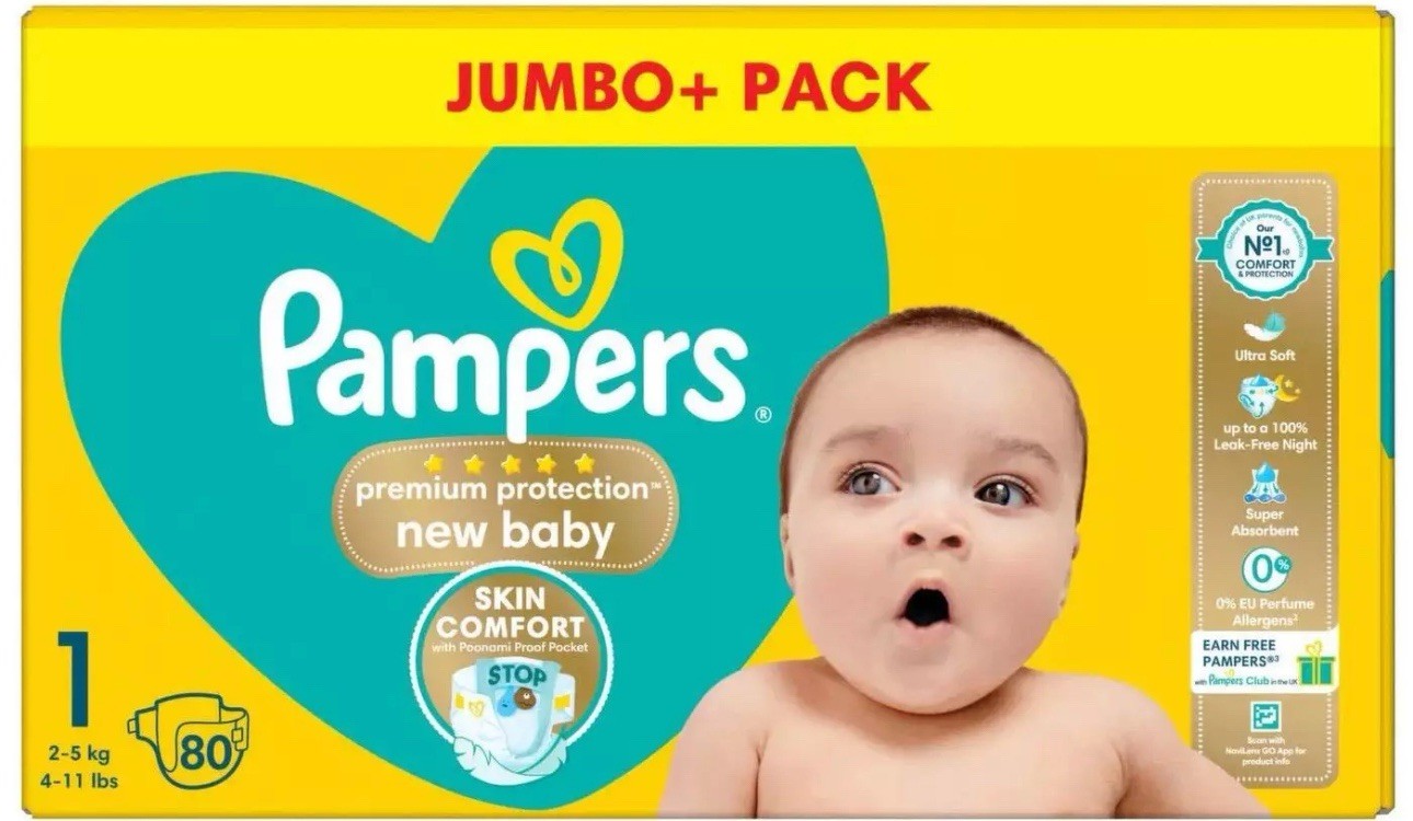 Pampers New Baby Size1 Nappy 2-5Kg Premium Protection Soft Jumbo+Pack 80 Nappies