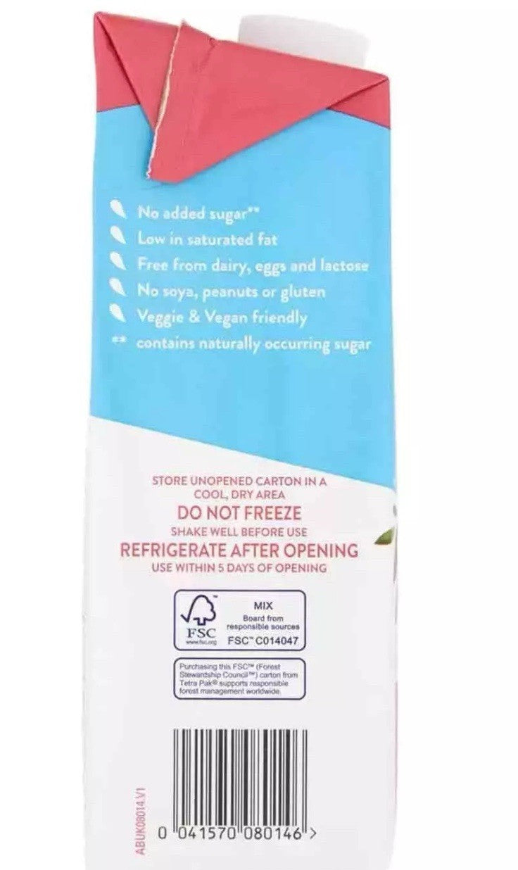 Blue Diamond Almond Breeze Unsweetened Drink Low Fat Milk Alternative Pack 8x 1L