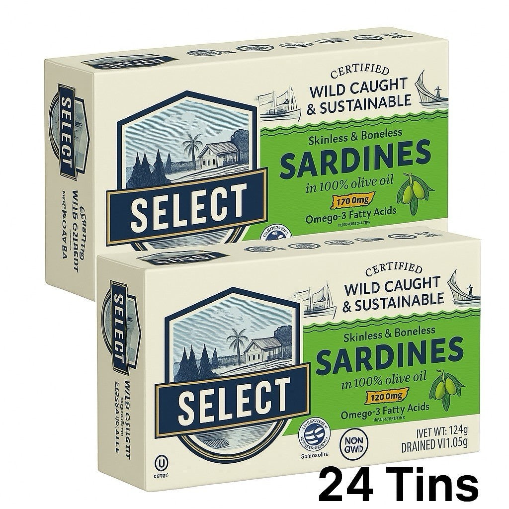 24 x 124g Select Sardines in Olive Oil Skinless Boneless Sustainably Harvest