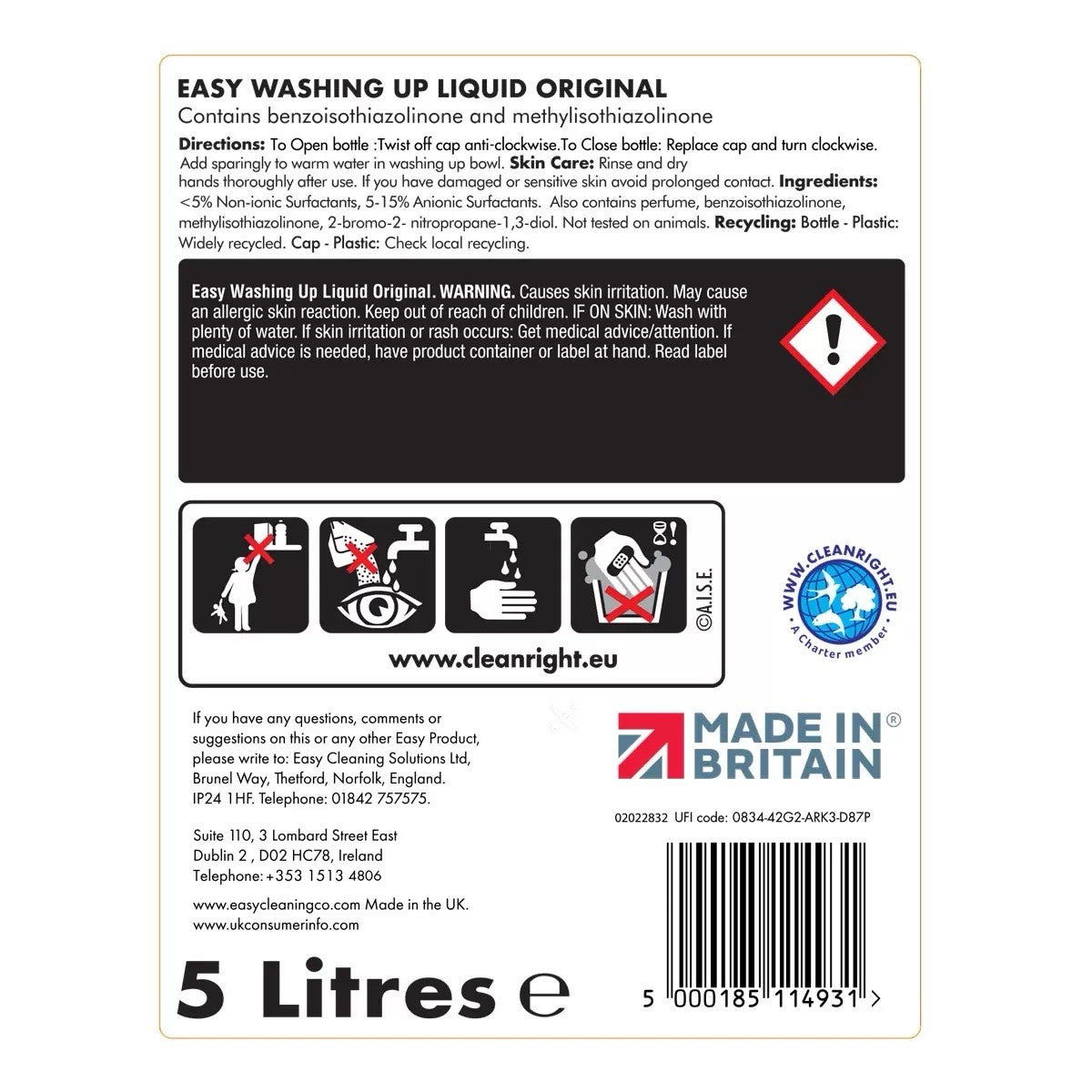 Easy Original Dish Washing Up Liquid Clean Scent Detergent Kitchen Soap Pack 5L