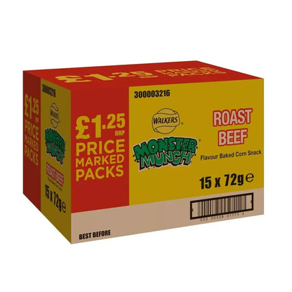 MONSTER MUNCH CRISPS SHARE BAGS £1.25 FULL CASE OF 18 BEEF Flavour x 72g Only
