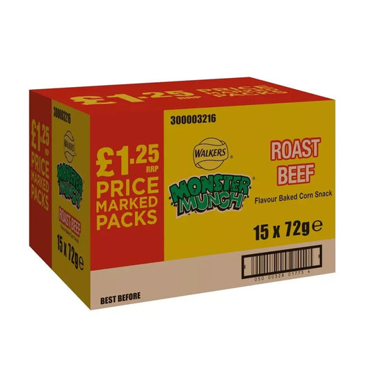 MONSTER MUNCH CRISPS SHARE BAGS £1.25 FULL CASE OF 18 BEEF Flavour x 72g Only