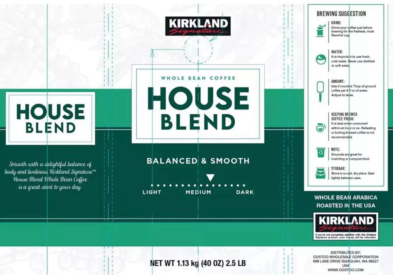 Kirkland Signature House Blend Balanced Smooth Arabica Whole Bean Coffee 1.13kg