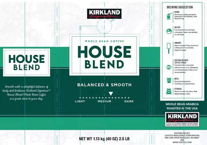 Kirkland Signature House Blend Balanced Smooth Arabica Whole Bean Coffee 1.13kg