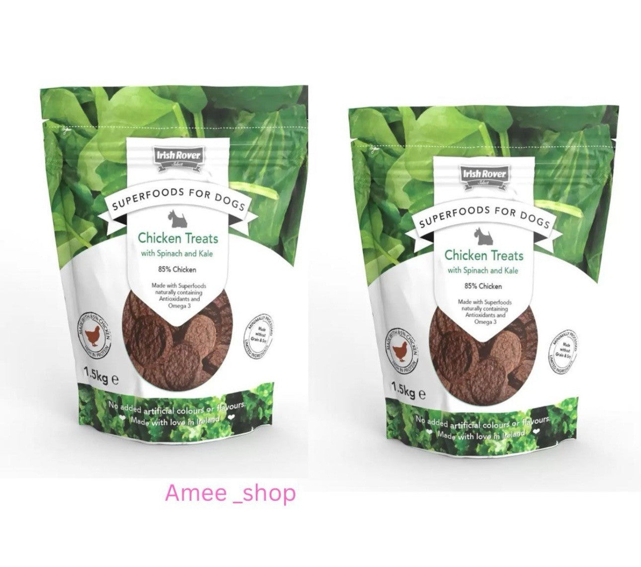 2 x 1.5Kg (3Kg) Irish Rover Dog Treats Chicken Meat Treats with Spinach and Kale
