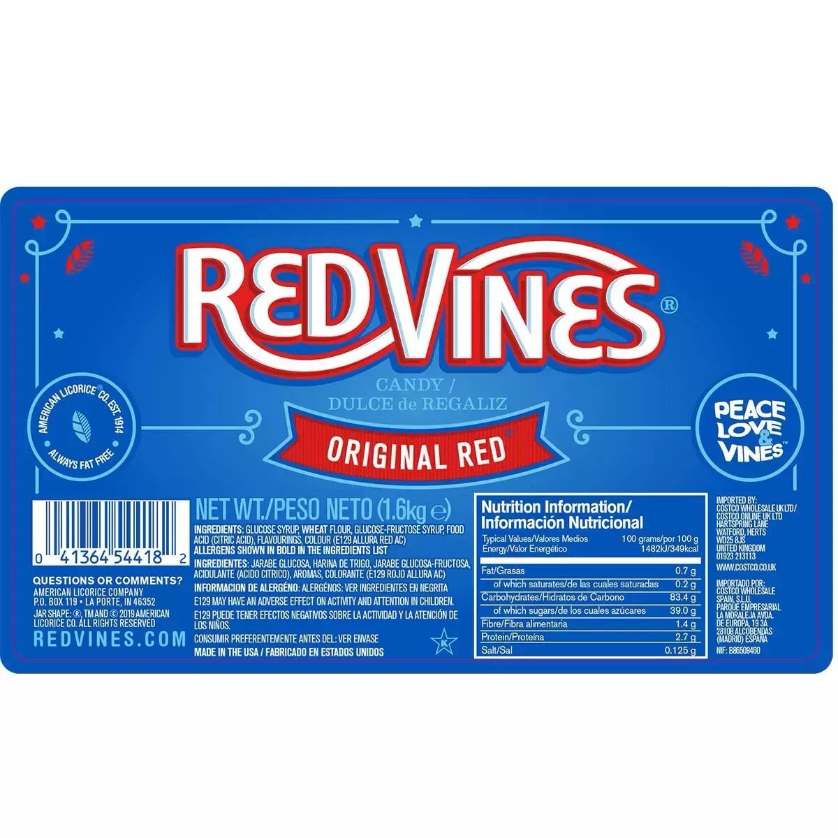 Red Vines Original Twists Soft Chewy Cane Sugar Sweet Candy Treat Tub Pack 1.6kg