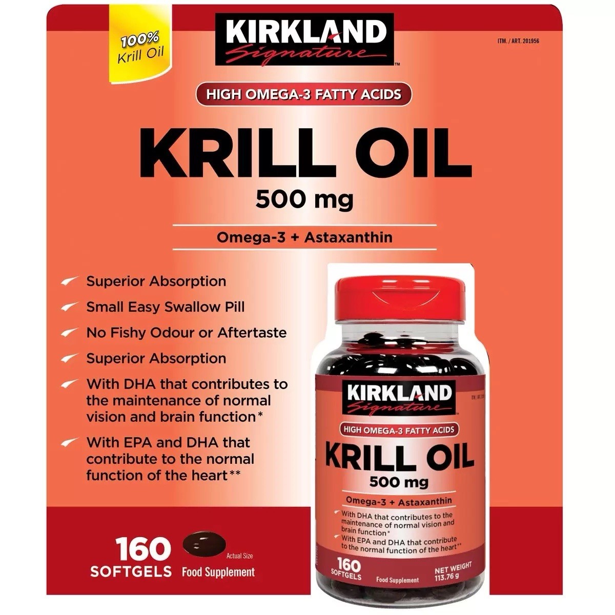 Kirkland Signature Krill Oil500mg Vitamin Heart Food Supplement 160Capsules New