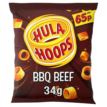 HULA HOOPS BBQ BEEF POTATO RINGS  34g  FULL BOX (PACK OF 32) ~Good
