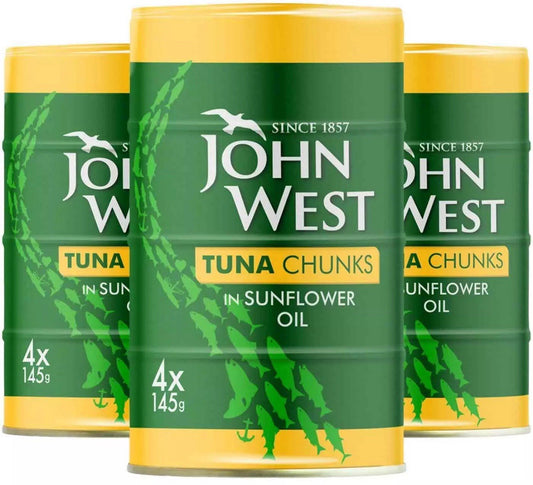 John West Tuna Chunks in Sunflower Oil Tins 100%Traceable Fish Cans Pack 12x145g