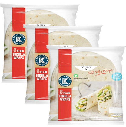 Deli Kitchen Plain Tortilla Wrap Flat Bread Soft Silky 3x8 Pcs Vegan Pack 3x496g