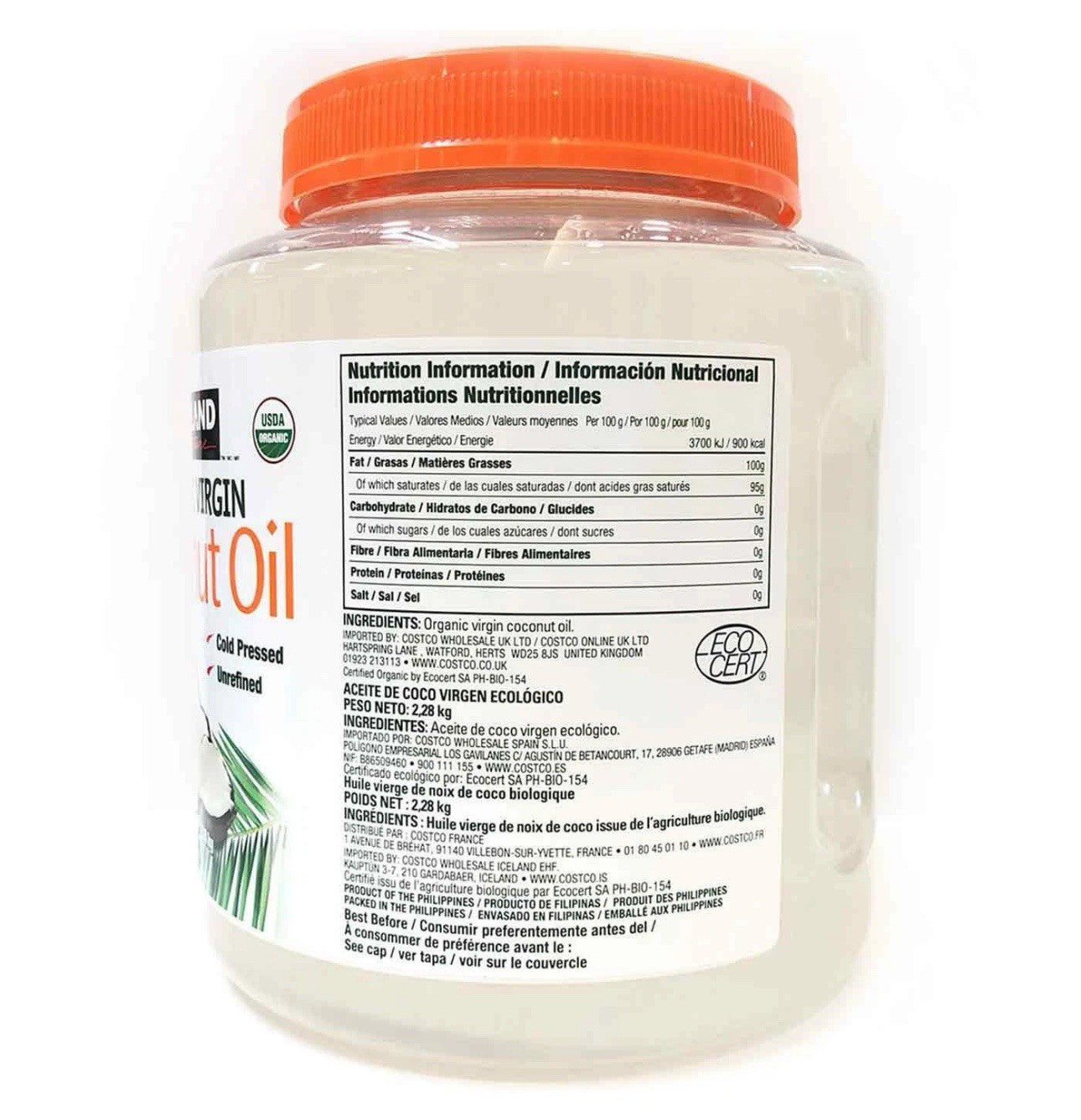 Kirkland Signature Organic Virgin Coconut Oil Pure Pressed Unrefined Tub 2.28 kg