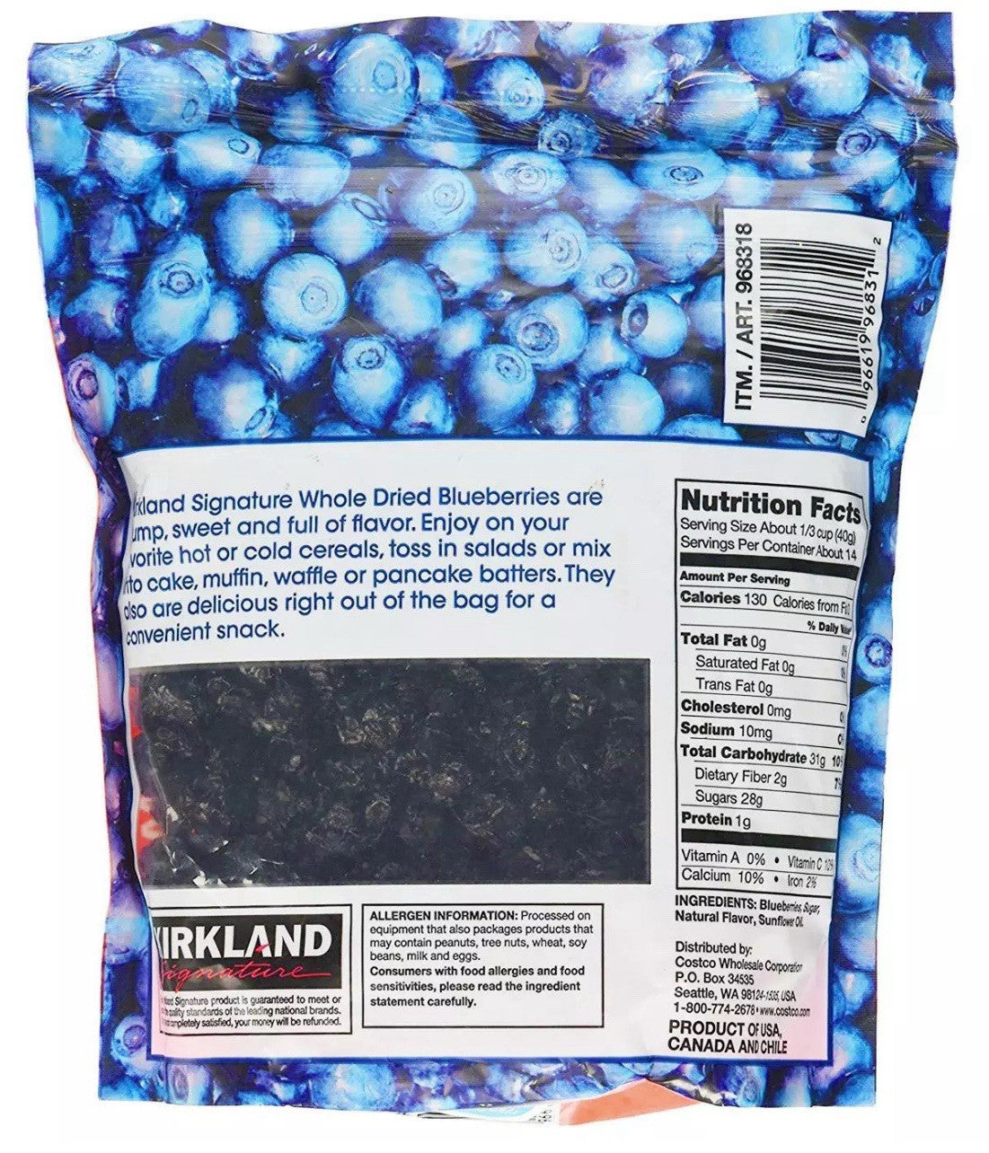 Kirkland Signature Whole Dried Blueberries Sweet Plump Dry Fruit Snack Pack 567g