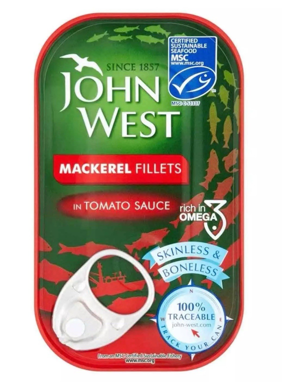 John West Mackerel Fillets in Tomato Sauce Skinless Boneless Fish Pack 10 x 125g